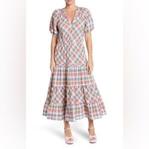 Betsey Johnson Madras Puff Sleeve Tiered Size M Midi Dress Plaid